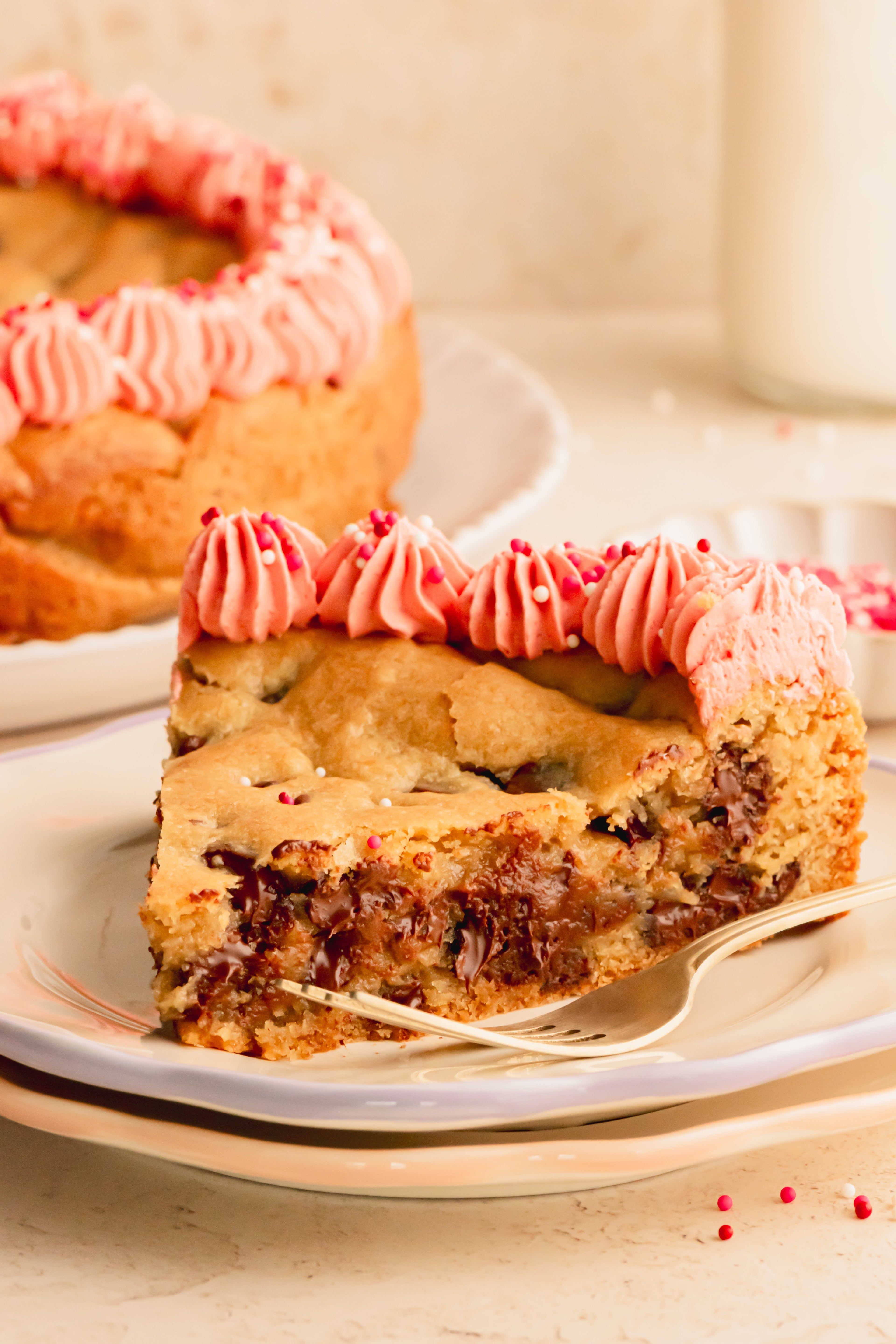 Chocolate Chip Cookie Cake with Vanilla Frosting