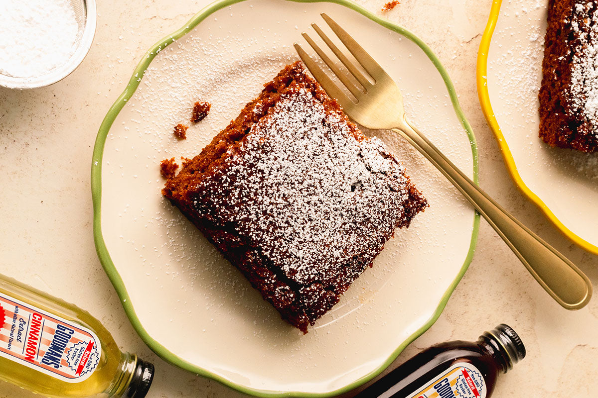 Gingerbread Cake Dusted with Powdered Sugar on a Plate with a Fork