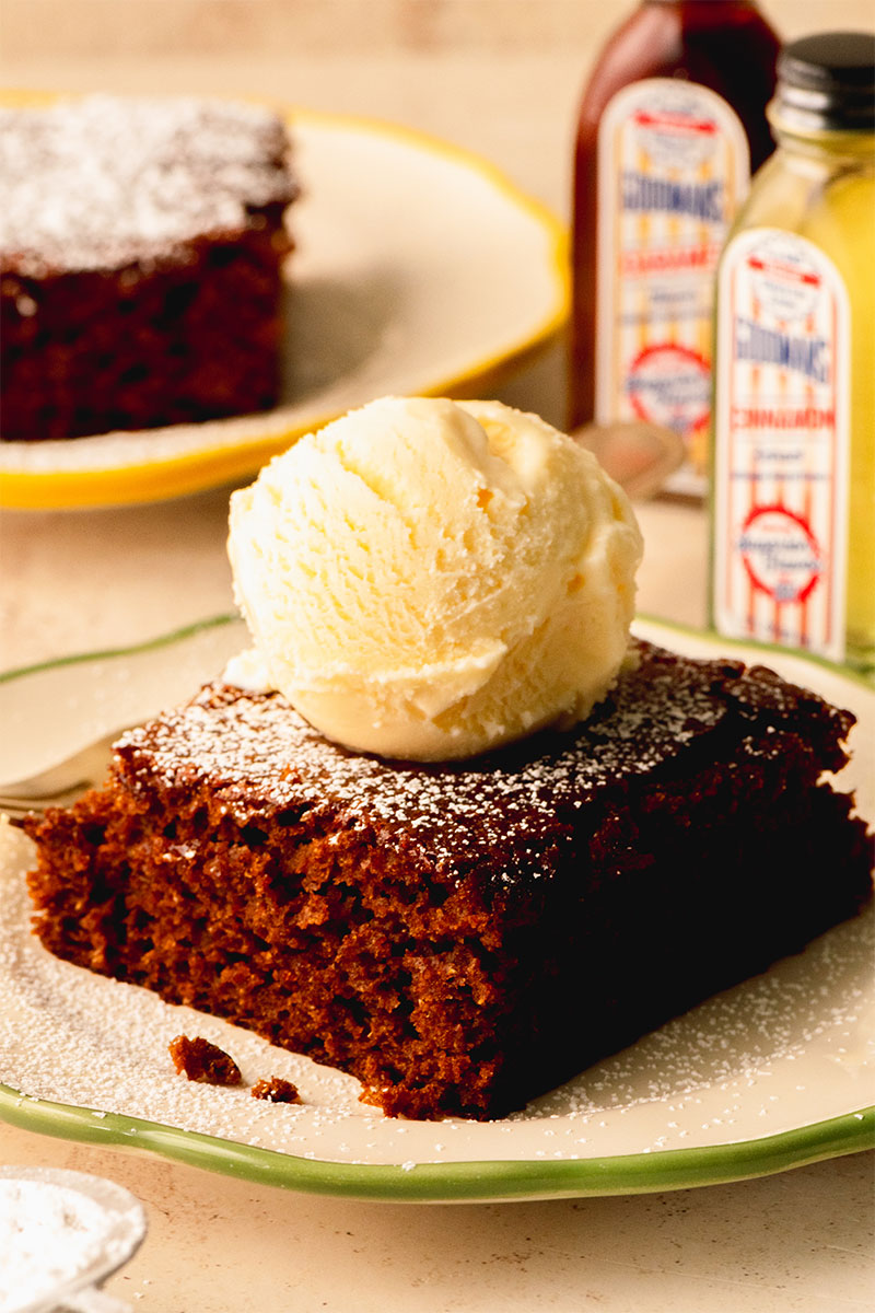Gingerbread Cake with Ice Cream on Plate