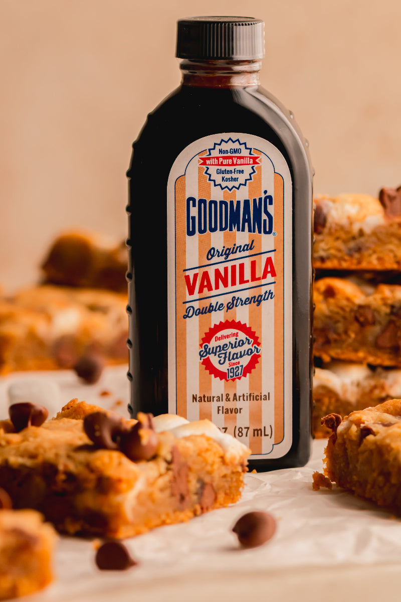 Goodman's Vanilla extract bottle with cookie bars in the background
