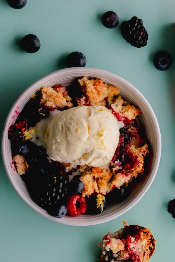 Summer Berry Crumble top view with berries