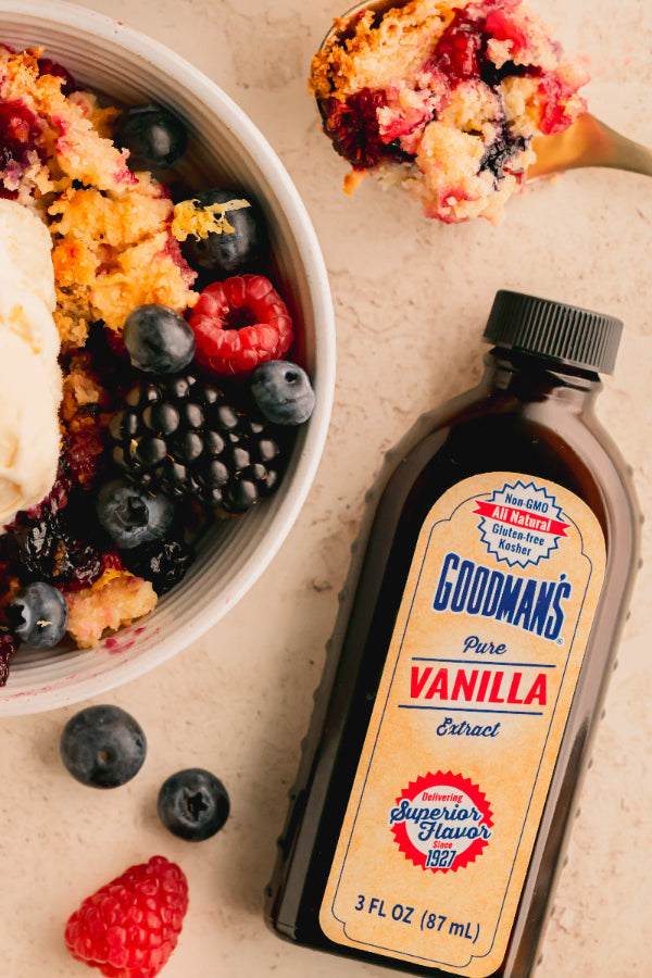 Summer Berry Crumble top view with product and spoon