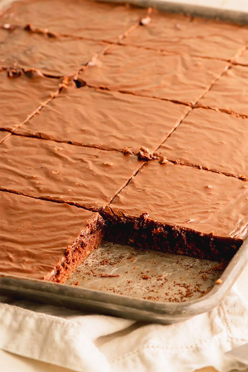 Texas sheet cake in a pan