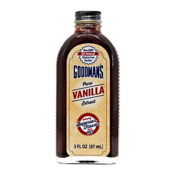 Front view of 3 ounce bottle of Goodmans Pure Vanilla Extract
