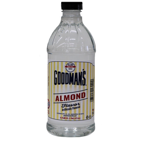 Front view of 1 pint bottle of Goodmans Artificial Almond Flavor