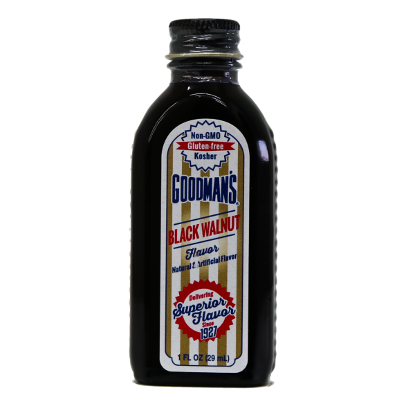 Front view of 1 ounce bottle of Goodmans Black Walnut Flavor with Natural and Artificial Flavor