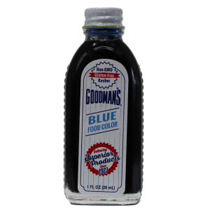 Front view of 1 ounce bottle of Goodmans Blue Food Color