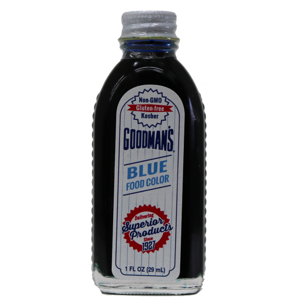 Front view of 1 ounce bottle of Goodmans Blue Food Color