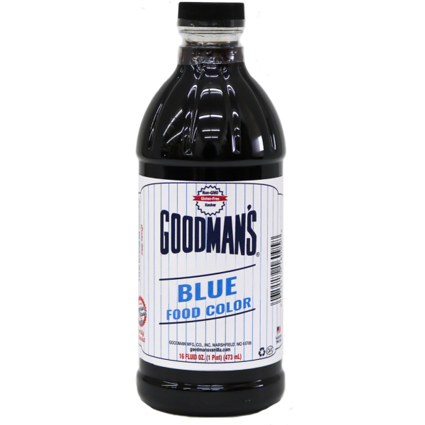Front view of 1 pint bottle of Goodmans Blue Food Color