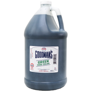 Front view of 1 gallon bottle of Goodmans Green Food Color