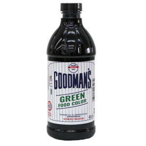 Front view of 1 pint bottle of Goodmans Green Food Color