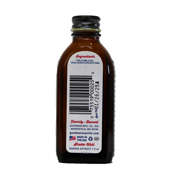 Back view of 1 ounce bottle of Goodmans Banana Extract with Other Natural Flavors