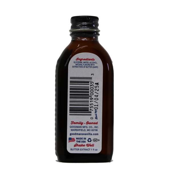 Back view of 1 ounce bottle of Goodmans Butter Extract with Other Natural Flavors