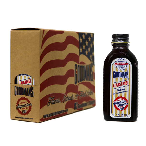 Case of 6 Goodman 1 ounce Caramel Extracts and Front View of Bottle and Label