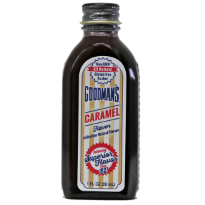 Front view of 1 ounce bottle of Goodmans Caramel Flavor with Other Natural Flavors
