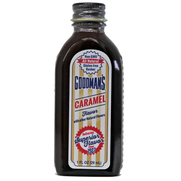 Front view of 1 ounce bottle of Goodmans Caramel Flavor with Other Natural Flavors