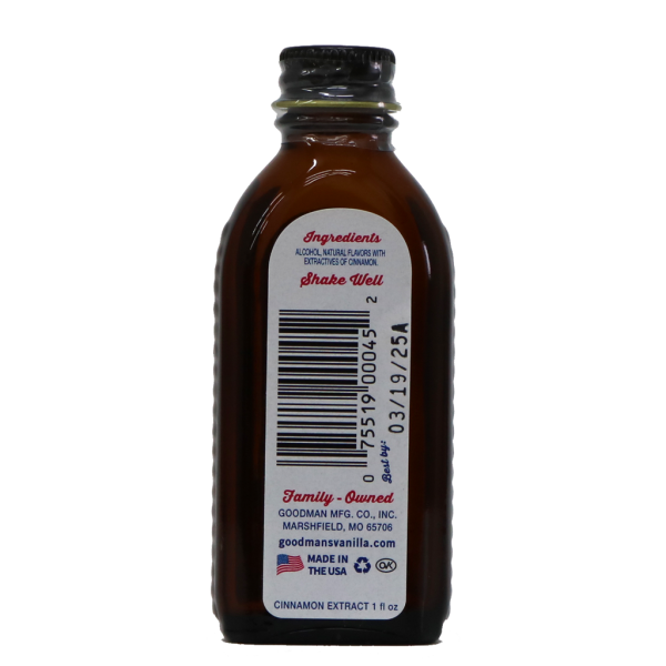 Back view of 1 ounce bottle of Goodmans Cinnamon Extract with Other Natural Flavors