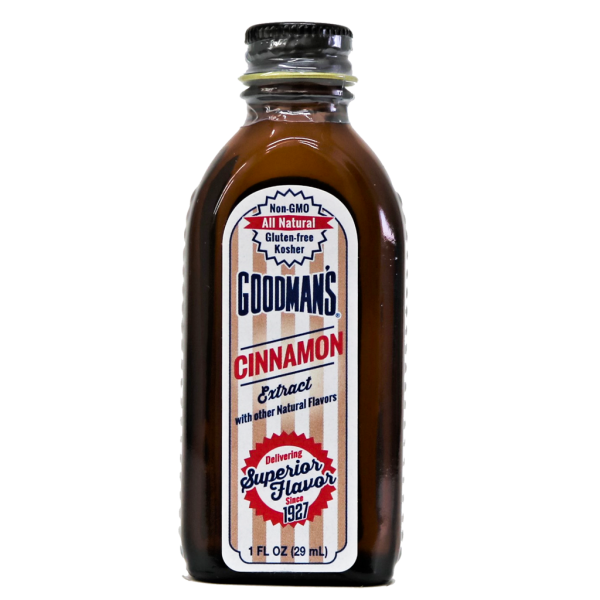 Front view of 1 ounce bottle of Goodmans Cinnamon Extract with Other Natural Flavors