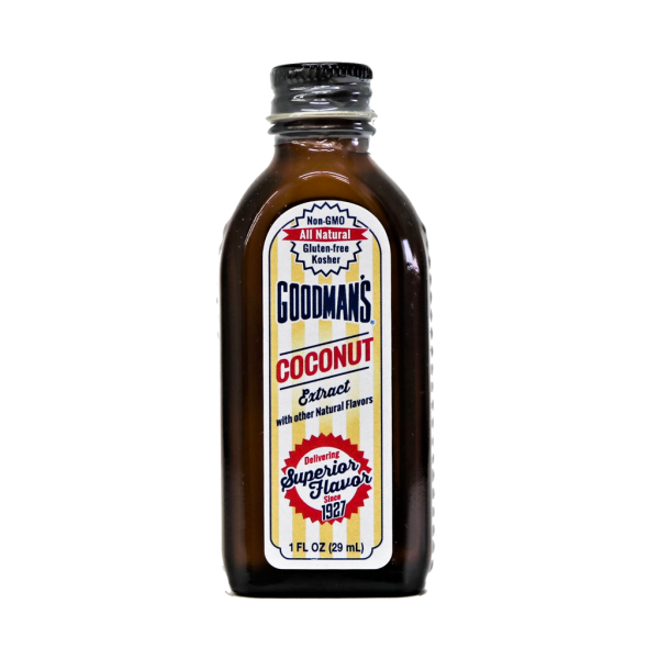 Front view of 1 ounce bottle of Goodmans Coconut Extract with Other Natural Flavors