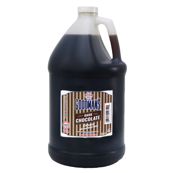 Front view of 1 gallon jug of Goodmans Natural Dark Chocolate Extract