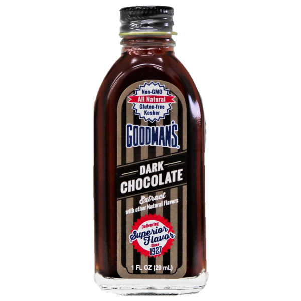 Front view of 1 ounce bottle of Goodmans Natural Dark Chocolate Extract