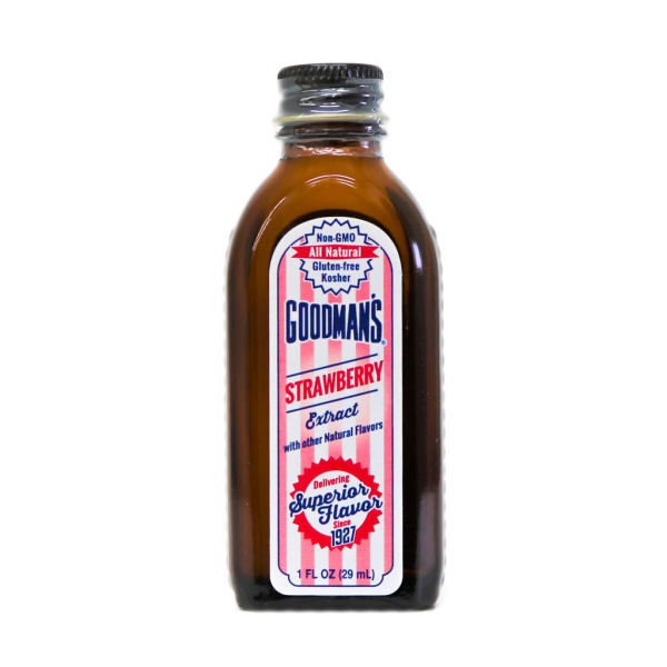Front view of 1 ounce bottle of Goodmans Natural Strawberry Extract