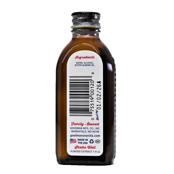 Back view of 1 ounce bottle of Goodmans Pure Almond Extract