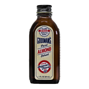 Front view of 1 ounce bottle of Goodmans Pure Almond Extract