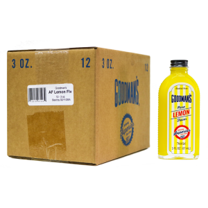 Case of 12 Goodman 3 ounce Pure Lemon Flavor and Front View of Bottle and Label