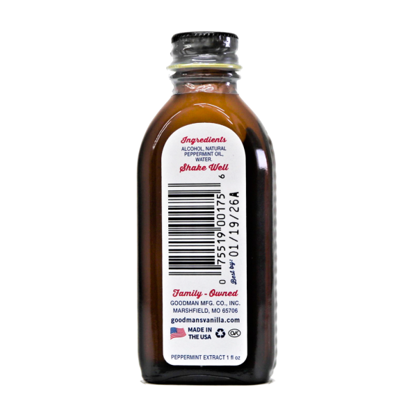 Back view of 1 ounce bottle of Goodmans Pure Peppermint Extract