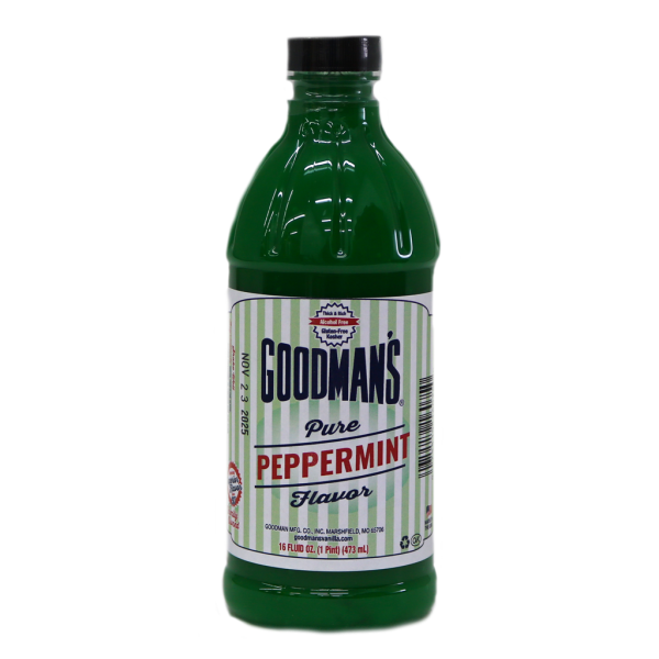 Front view of 1 pint bottle of Goodmans Pure Peppermint Flavor Alcohol-Free
