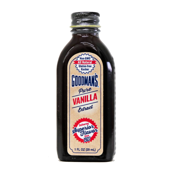 Front view of 1 ounce bottle of Goodmans Pure Vanilla Extract