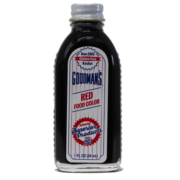 Front view of 1 ounce bottle of Goodmans Red Food Color