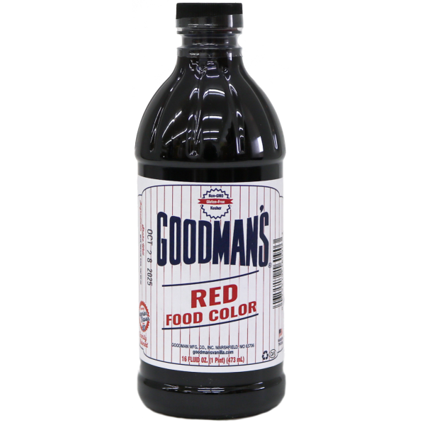 Front view of 1 pint bottle of Goodmans Red Food Color