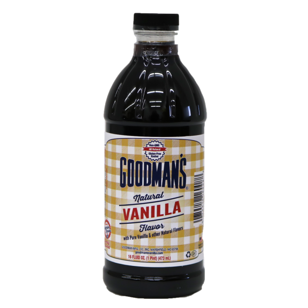 Front view of 1 pint bottle of Goodmans Natural Vanilla Flavor with Pure Vanilla