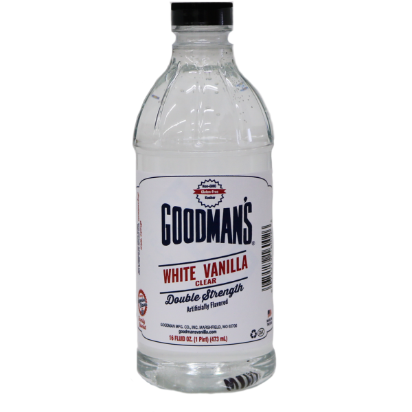 Front view of 1 pint bottle of Goodmans Clear White Double Strength Artificially Flavored Vanilla