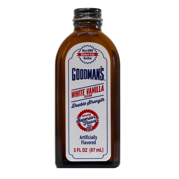 Front view of 3 ounce bottle of Goodmans Clear White Vanilla Double Strength Flavor