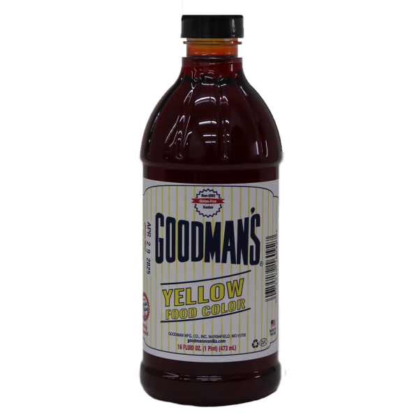 Front view of 1 pint bottle of Goodmans Yellow Food Color