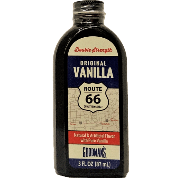 Front view of 1 ounce bottle of Goodmans Route 66 Original Double Strength Vanilla Flavor