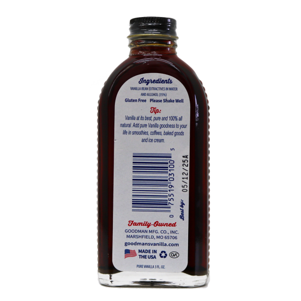Back view of Goodman 3 ounce Pure Vanilla Extract Bottle and Label